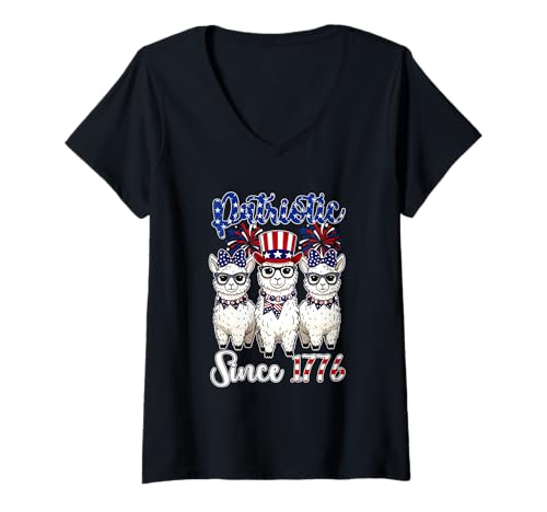 Damen Patriotic Since 1776 4th Of July US Flag Three Cute Llamas T-Shirt mit V-Ausschnitt von Farmer 4th Of July Costume