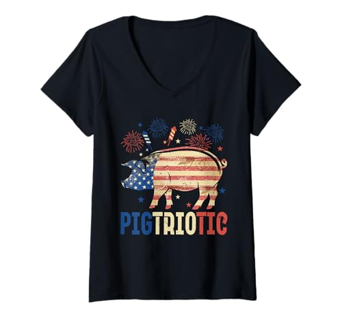 Damen Pigtriotic Funny Joke Pig 4th Of July US Flag Patriotic T-Shirt mit V-Ausschnitt Damen Pigtriotic Funny Joke Pig 4th Of July US Flag Patriotic T-Shirt mit V-Ausschnitt von Farmer 4th Of July Costume