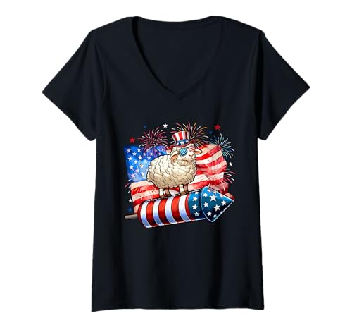 Damen Sheep Sunglasses On Firecracker 4th July US Flag Patriotic T-Shirt mit V-Ausschnitt von Farmer 4th Of July Costume