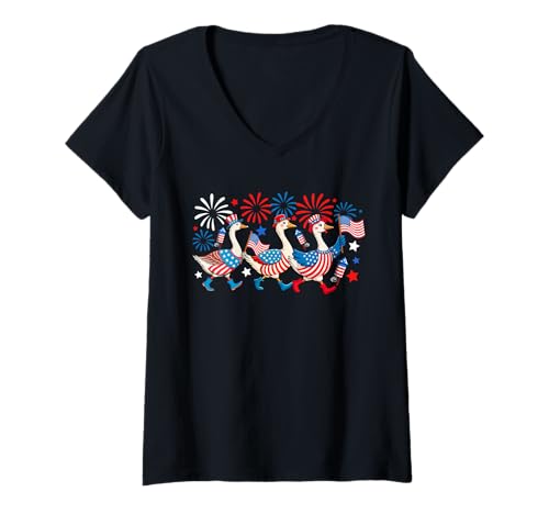 Damen Three Cute Gooses 4th Of July US Flag Patriotic Squad Farmer T-Shirt mit V-Ausschnitt von Farmer 4th Of July Costume
