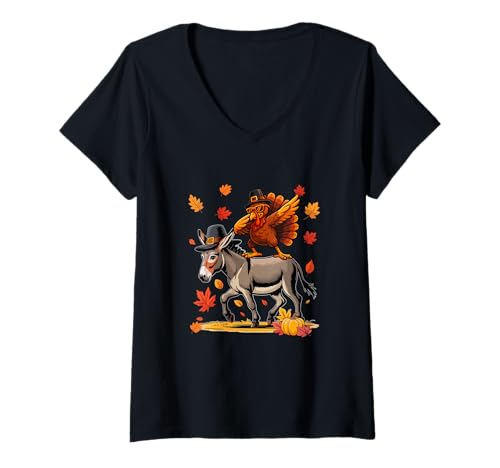 Damen Dabbing Truthahn auf Esel Thanksgiving Herbst Pilgrim Farmer T-Shirt mit V-Ausschnitt von Farmer Christmas Costume