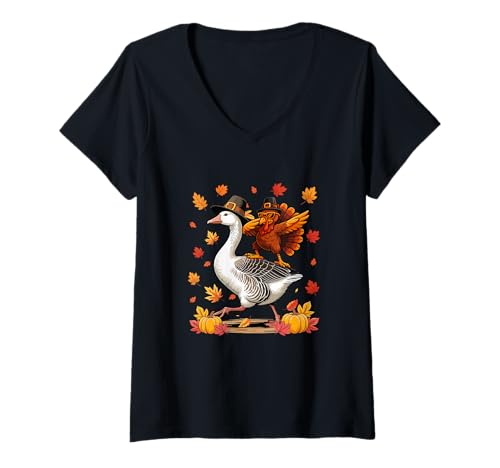 Damen Dabbing Truthahn auf Gans Thanksgiving Herbst Pilgrim Farmer T-Shirt mit V-Ausschnitt von Farmer Christmas Costume