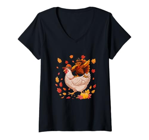 Damen Dabbing Truthahn auf Huhn Thanksgiving Herbst Pilgrim Farmer T-Shirt mit V-Ausschnitt von Farmer Christmas Costume