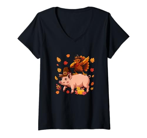 Damen Dabbing Truthahn auf Schwein Thanksgiving Herbst Pilgrim Farmer T-Shirt mit V-Ausschnitt von Farmer Christmas Costume