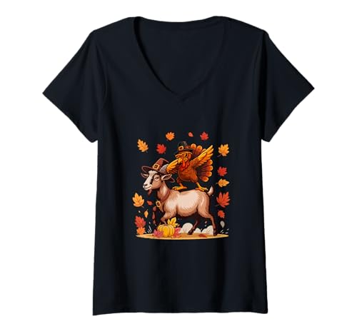 Damen Dabbing Truthahn auf Ziege Thanksgiving Herbst Pilgrim Farmer T-Shirt mit V-Ausschnitt von Farmer Christmas Costume