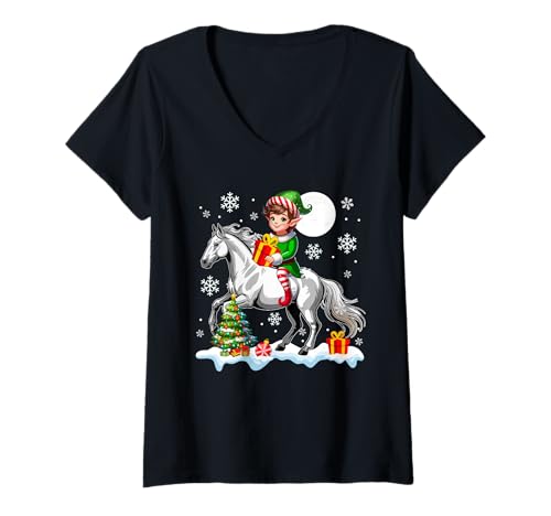 Damen Elf Reitpferd Weihnachtsbaum Bunte Lichter Liebhaber Kinder T-Shirt mit V-Ausschnitt von Farmer Christmas Costume