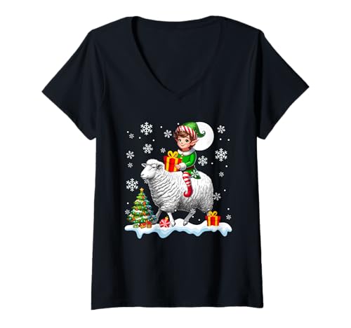 Damen Elfe reitendes Schaf Weihnachtsbaum Bunte Lichter Liebhaber Kinder T-Shirt mit V-Ausschnitt von Farmer Christmas Costume