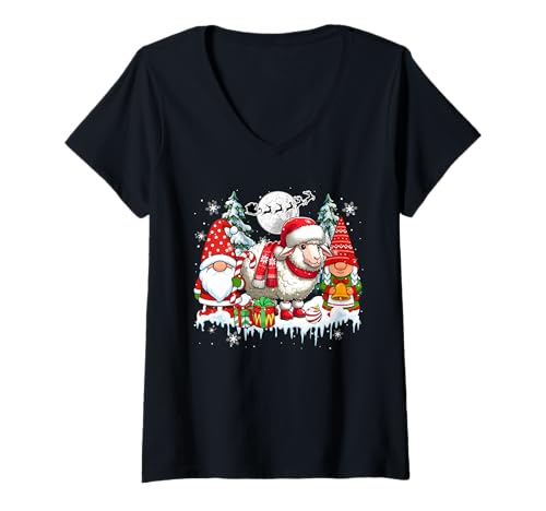Damen Paar Zwerge Weihnachtsmann Schaf Weihnachtsbäume Bauer Familie Kinder T-Shirt mit V-Ausschnitt von Farmer Christmas Costume
