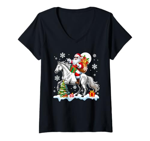 Damen Weihnachtsmann Reitpferd Weihnachtsbaum Bunte Lichter Liebhaber Kinder T-Shirt mit V-Ausschnitt von Farmer Christmas Costume