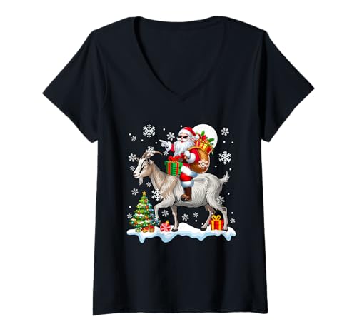 Damen Weihnachtsmann reitende Ziege Weihnachtsbaum Bunte Lichter Liebhaber Kinder T-Shirt mit V-Ausschnitt von Farmer Christmas Costume