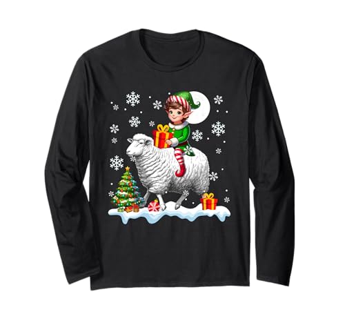 Elfe reitendes Schaf Weihnachtsbaum Bunte Lichter Liebhaber Kinder Langarmshirt von Farmer Christmas Costume