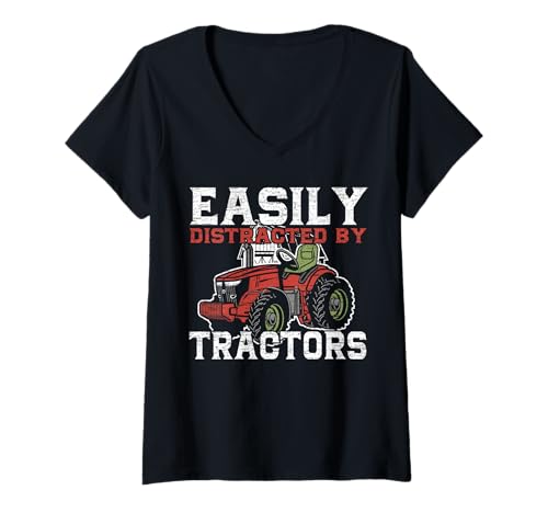 Damen Leicht von Traktoren abgelenkt T-Shirt mit V-Ausschnitt Damen Leicht von Traktoren abgelenkt T-Shirt mit V-Ausschnitt von Farmer Farmer Gift Idea