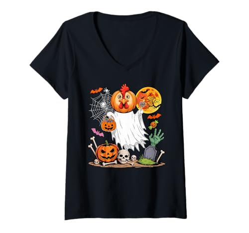 Damen Boo Ghost Kürbis, niedlicher Kopf als Hühnchen, Cosplay, Halloween T-Shirt mit V-Ausschnitt Damen Boo Ghost Kürbis, niedlicher Kopf als Hühnchen, Cosplay, Halloween T-Shirt mit V-Ausschnitt von Farmer Halloween Costume