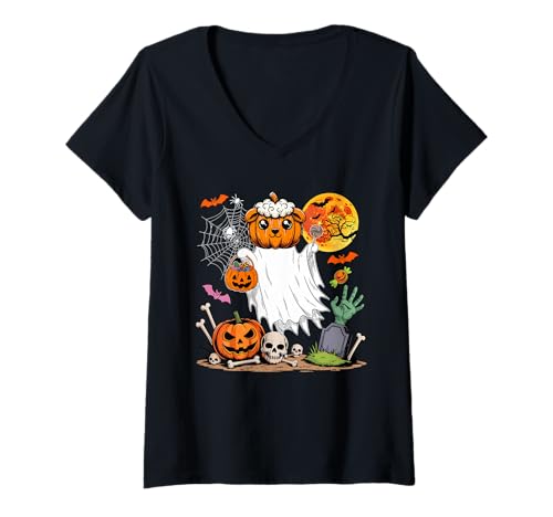 Damen Boo Ghost Kürbis, niedlicher Kopf als Schaf, Cosplay, Halloween T-Shirt mit V-Ausschnitt Damen Boo Ghost Kürbis, niedlicher Kopf als Schaf, Cosplay, Halloween T-Shirt mit V-Ausschnitt von Farmer Halloween Costume