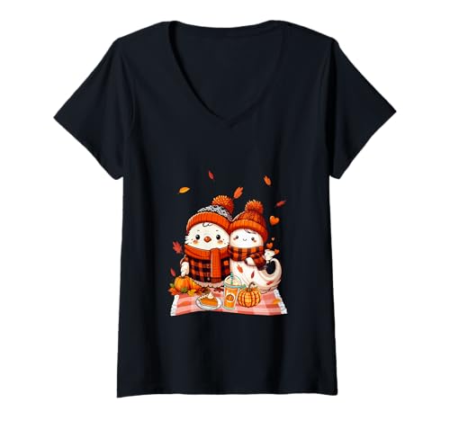 Damen Chicken with Boo Halloween Thanksgiving Fall Leaves Pumpkins T-Shirt mit V-Ausschnitt von Farmer Halloween Costume