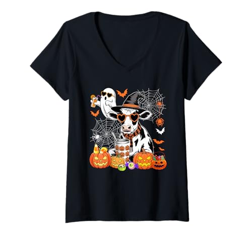 Damen Cow As Witch Drinking Coffee Halloween Cute Boo Ghost T-Shirt mit V-Ausschnitt Damen Cow As Witch Drinking Coffee Halloween Cute Boo Ghost T-Shirt mit V-Ausschnitt von Farmer Halloween Costume