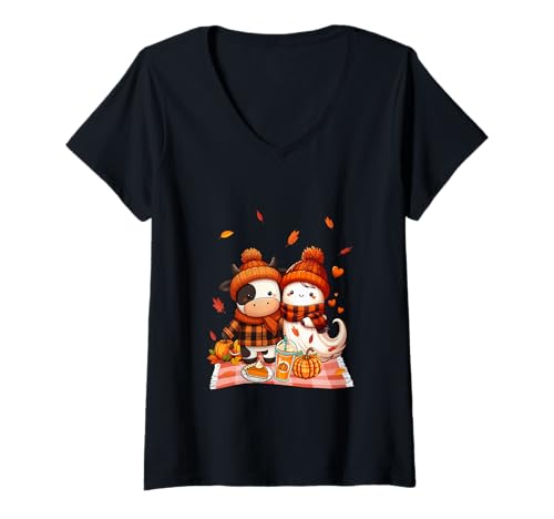 Damen Cow with Boo Halloween Thanksgiving Fall Leaves Pumpkins T-Shirt mit V-Ausschnitt von Farmer Halloween Costume