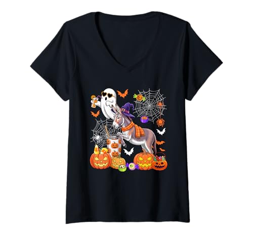 Damen Donkey As Witch Drinking Coffee Halloween Cute Boo Ghost T-Shirt mit V-Ausschnitt Damen Donkey As Witch Drinking Coffee Halloween Cute Boo Ghost T-Shirt mit V-Ausschnitt von Farmer Halloween Costume