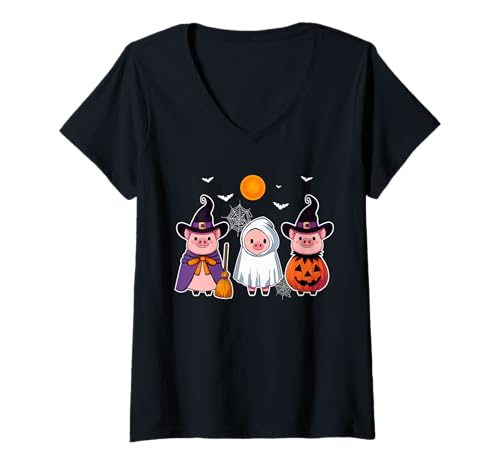 Damen Drei süße Schweine Cosplay Hexe Boo Geist Halloween Farmer T-Shirt mit V-Ausschnitt Damen Drei süße Schweine Cosplay Hexe Boo Geist Halloween Farmer T-Shirt mit V-Ausschnitt von Farmer Halloween Costume