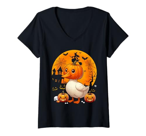 Damen Ente Cosplay Geschnitzte Kürbisse Horror Kopf Halloween Farmer T-Shirt mit V-Ausschnitt von Farmer Halloween Costume
