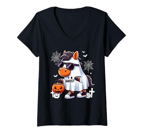 Damen Ghost Halloween Pferd Sonnenbrille Cosplay Boo Ghost Lover T-Shirt mit V-Ausschnitt Damen Ghost Halloween Pferd Sonnenbrille Cosplay Boo Ghost Lover T-Shirt mit V-Ausschnitt von Farmer Halloween Costume