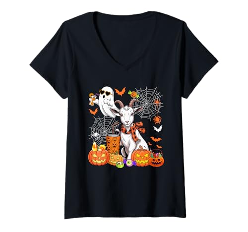 Damen Goat As Witch Drinking Coffee Halloween Cute Boo Ghost T-Shirt mit V-Ausschnitt von Farmer Halloween Costume