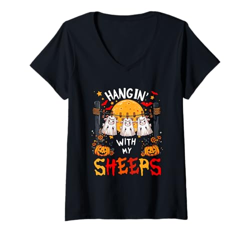 Damen Hangin' With My Sheeps Three Cute Boos Cosplay Halloween T-Shirt mit V-Ausschnitt Damen Hangin' With My Sheeps Three Cute Boos Cosplay Halloween T-Shirt mit V-Ausschnitt von Farmer Halloween Costume