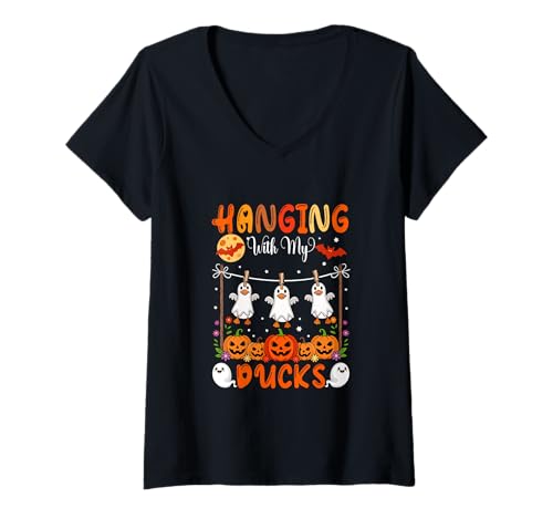 Damen Hanging with My Ducks As Boo Geschnitzte Kürbisse Halloween T-Shirt mit V-Ausschnitt von Farmer Halloween Costume