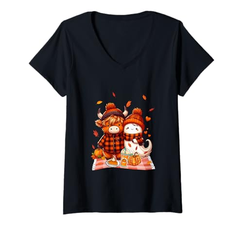 Damen Highland Cow with Boo Halloween Thanksgiving Fall Pumpkins T-Shirt mit V-Ausschnitt von Farmer Halloween Costume