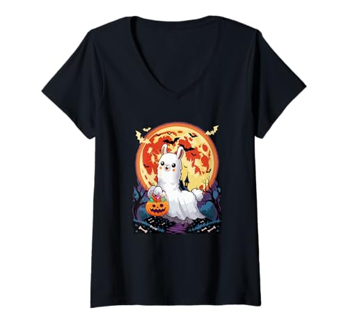Damen Lama Cosplay Boo geschnitzter Kürbiskorb Halloween Süßigkeiten T-Shirt mit V-Ausschnitt Damen Lama Cosplay Boo geschnitzter Kürbiskorb Halloween Süßigkeiten T-Shirt mit V-Ausschnitt von Farmer Halloween Costume