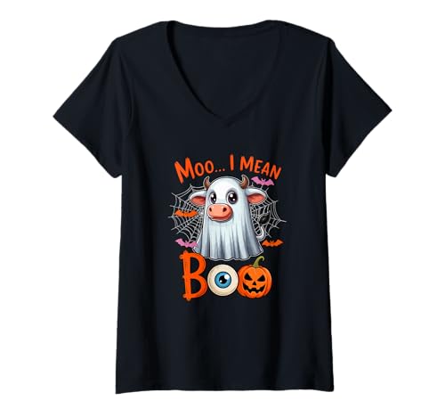 Damen Moo I Mean Boo Halloween Farmer Cow Cosplay Boo Ghost T-Shirt mit V-Ausschnitt von Farmer Halloween Costume