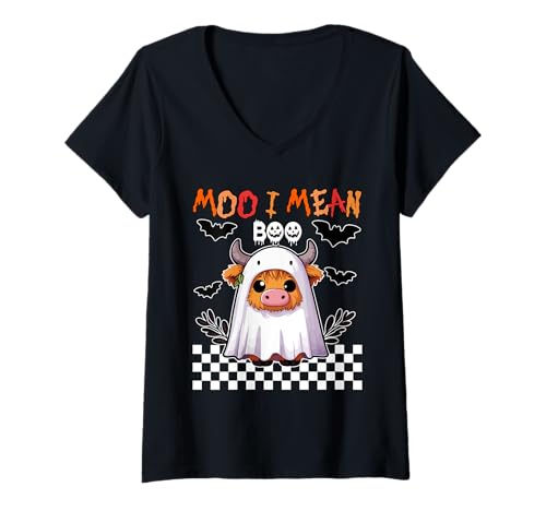 Damen Moo I Mean Boo Halloween Highland Cow Cosplay Boo Ghost T-Shirt mit V-Ausschnitt Damen Moo I Mean Boo Halloween Highland Cow Cosplay Boo Ghost T-Shirt mit V-Ausschnitt von Farmer Halloween Costume