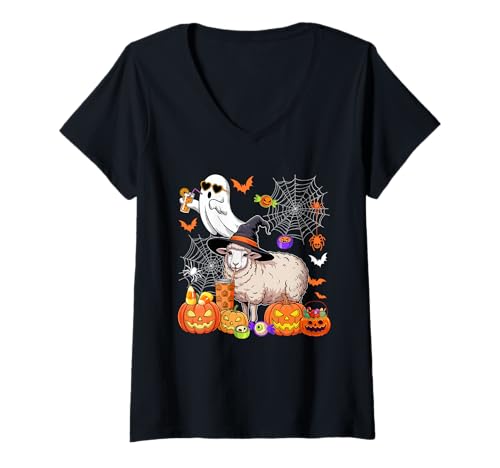 Damen Sheep As Witch Drinking Coffee Halloween Cute Boo Ghost T-Shirt mit V-Ausschnitt Damen Sheep As Witch Drinking Coffee Halloween Cute Boo Ghost T-Shirt mit V-Ausschnitt von Farmer Halloween Costume