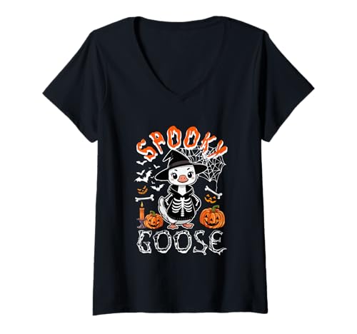 Damen Spooky Halloween Goose Cosplay Witch Skeleton Costume Party T-Shirt mit V-Ausschnitt Damen Spooky Halloween Goose Cosplay Witch Skeleton Costume Party T-Shirt mit V-Ausschnitt von Farmer Halloween Costume