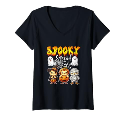 Damen Spooky Halloween Squad Three Cute Chickens Cosplay Witch T-Shirt mit V-Ausschnitt von Farmer Halloween Costume
