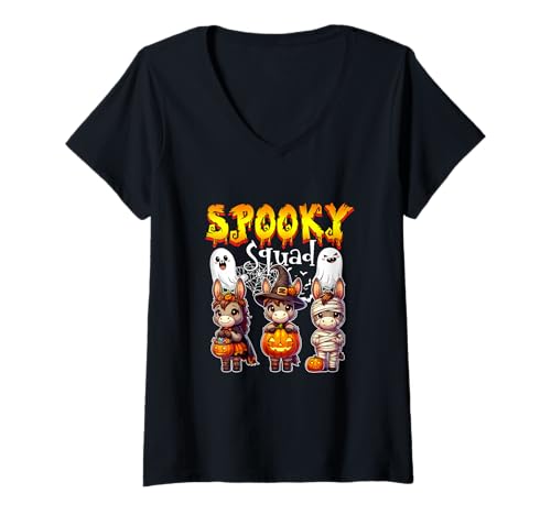 Damen Spooky Halloween Squad Three Cute Donkeys Cosplay Witch T-Shirt mit V-Ausschnitt von Farmer Halloween Costume