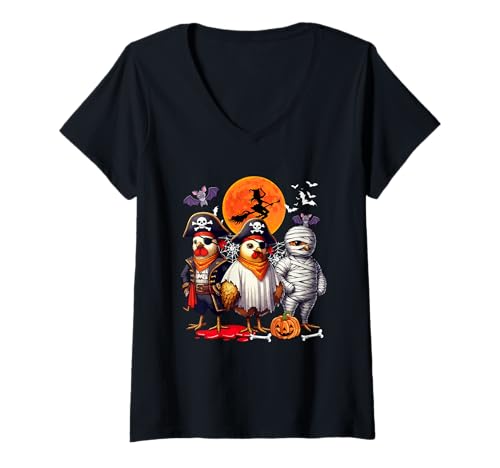 Damen Three Cute Chickens Cosplay Pirate Boo Mummy Halloween T-Shirt mit V-Ausschnitt Damen Three Cute Chickens Cosplay Pirate Boo Mummy Halloween T-Shirt mit V-Ausschnitt von Farmer Halloween Costume