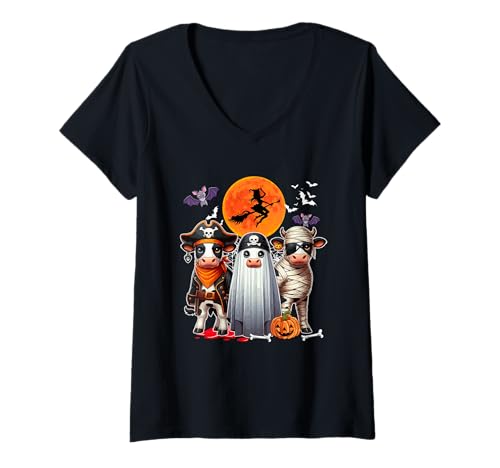Damen Three Cute Cows Cosplay Pirate Boo Mummy Halloween T-Shirt mit V-Ausschnitt von Farmer Halloween Costume