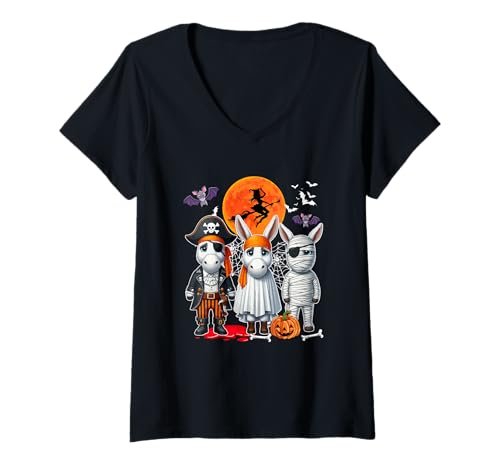 Damen Three Cute Donkeys Cosplay Pirate Boo Mummy Halloween T-Shirt mit V-Ausschnitt von Farmer Halloween Costume