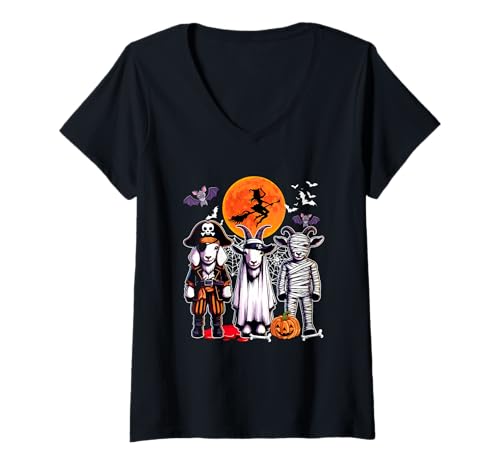 Damen Three Cute Goats Cosplay Pirate Boo Mummy Halloween T-Shirt mit V-Ausschnitt von Farmer Halloween Costume