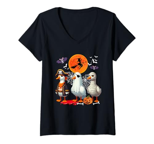 Damen Three Cute Gooses Cosplay Pirate Boo Mummy Halloween T-Shirt mit V-Ausschnitt von Farmer Halloween Costume