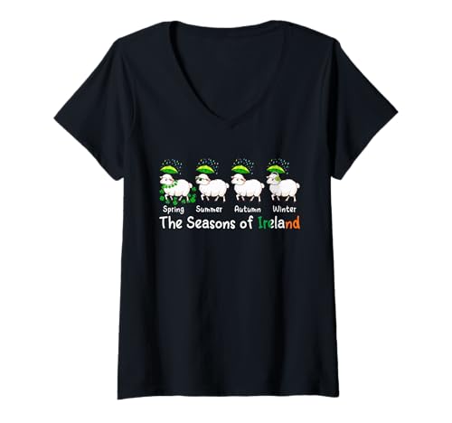 Damen The Seasons Patrick's Day Ireland Four Cute Sheep Shamrocks T-Shirt mit V-Ausschnitt Damen The Seasons Patrick's Day Ireland Four Cute Sheep Shamrocks T-Shirt mit V-Ausschnitt von Farmer St. Patrick's Day Costume