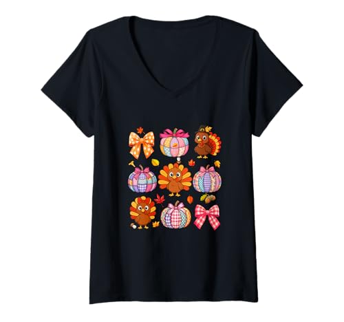 Damen Colorful Turkeys Pumpkins Bow Ties Collection Thanksgiving T-Shirt mit V-Ausschnitt von Farmer Thanksgiving Costume
