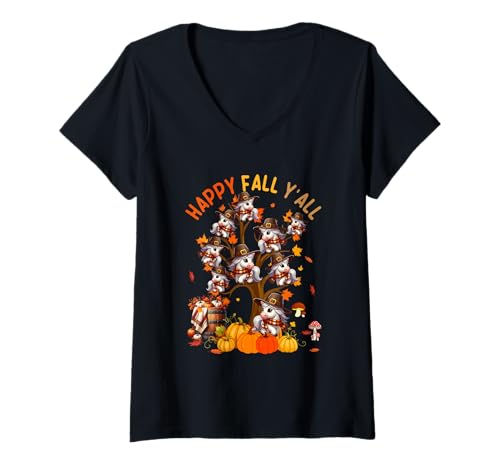 Damen Fall Y'all Group Horses On Fall Tree Pumpkins Thanksgiving T-Shirt mit V-Ausschnitt von Farmer Thanksgiving Costume