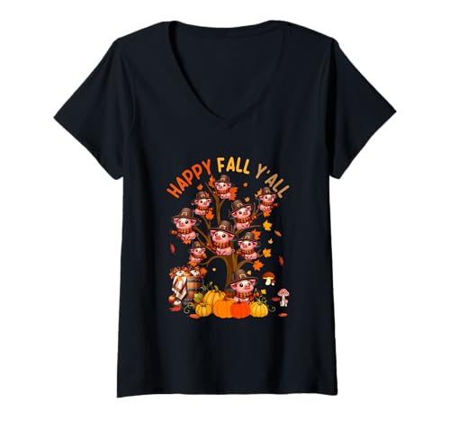 Damen Fall Y'all Group Pigs On Fall Tree Pumpkins Thanksgiving T-Shirt mit V-Ausschnitt von Farmer Thanksgiving Costume
