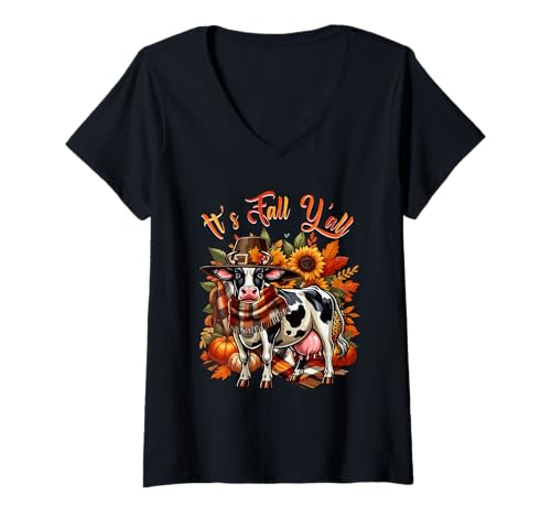 Damen Fall Y'all Thanksgiving Cow Colorful Floral Pumpkins T-Shirt mit V-Ausschnitt von Farmer Thanksgiving Costume