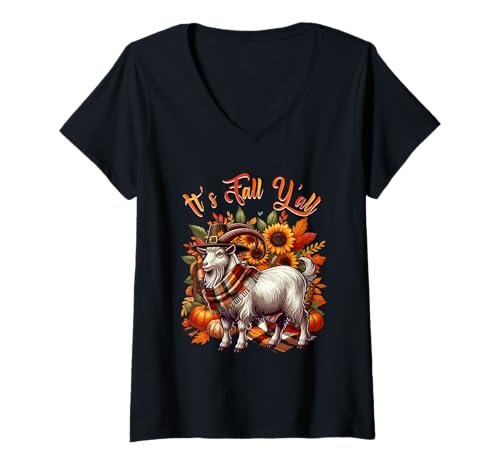 Damen Fall Y'all Thanksgiving Goat Colorful Floral Pumpkins T-Shirt mit V-Ausschnitt von Farmer Thanksgiving Costume