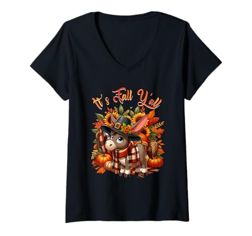 Damen Fall Y'all Thanksgiving Mule Colorful Floral Pumpkins T-Shirt mit V-Ausschnitt von Farmer Thanksgiving Costume
