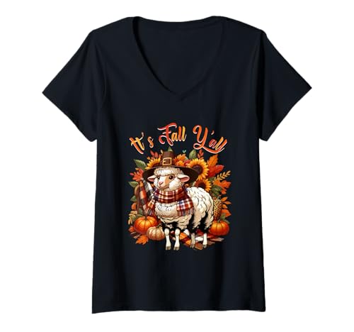 Damen Fall Y'all Thanksgiving Sheep Colorful Floral Pumpkins T-Shirt mit V-Ausschnitt von Farmer Thanksgiving Costume
