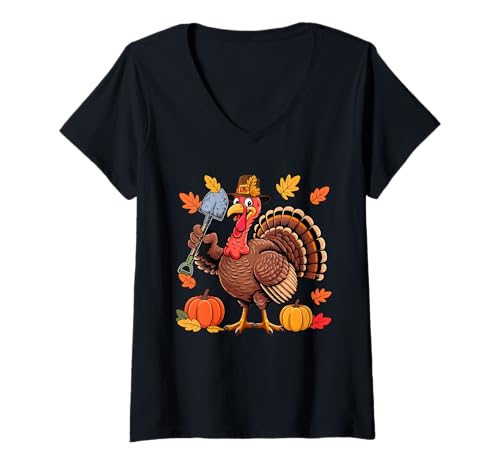 Damen Farmer Job Thanksgiving Truthahn Herbst Blätter Kürbisse T-Shirt mit V-Ausschnitt von Farmer Thanksgiving Costume